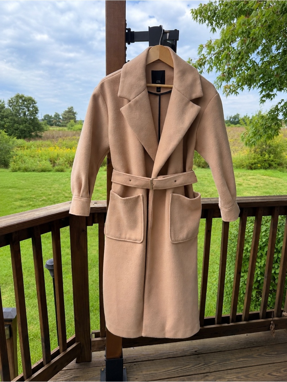 River Island Camel Belted Long Trench Coat size 6